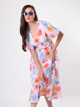 Floral Print V Neck Multicolor Midi Dress