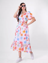 Floral Print V Neck Multicolor Midi Dress