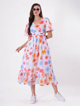 Floral Print V Neck Multicolor Midi Dress
