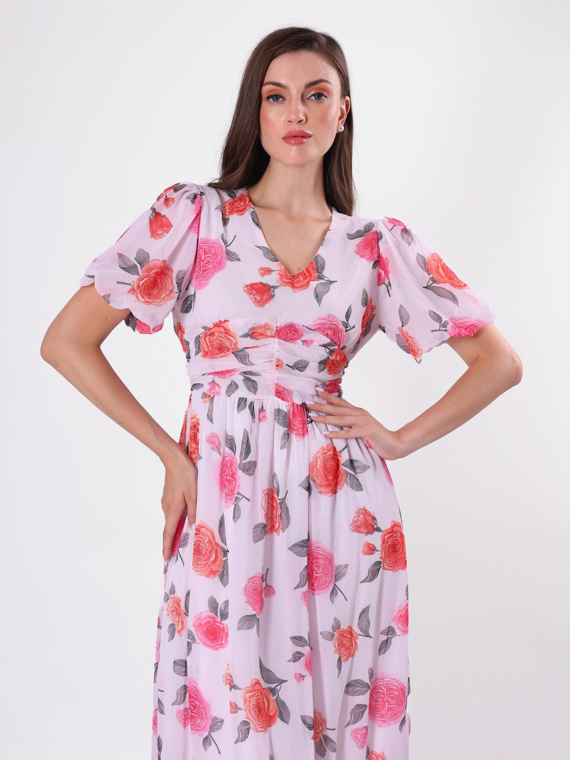 Floral Print V Neck Pleated Midi Dress