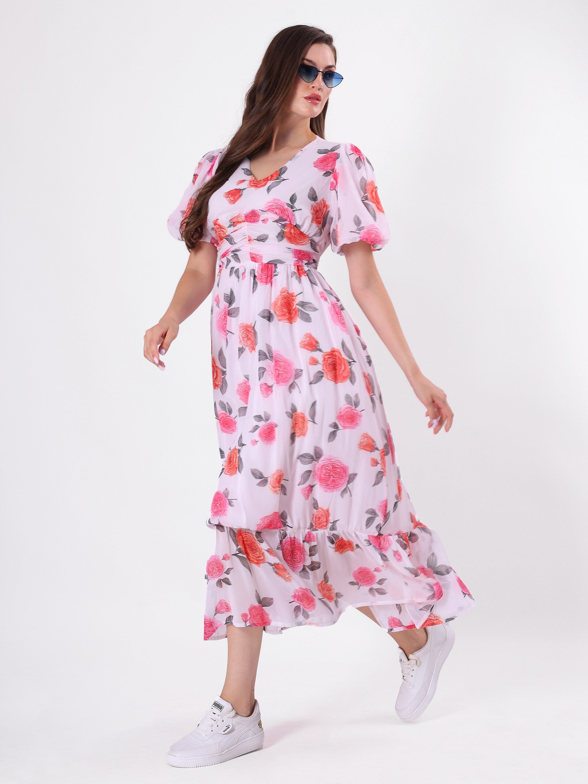 Floral Print V Neck Pleated Midi Dress