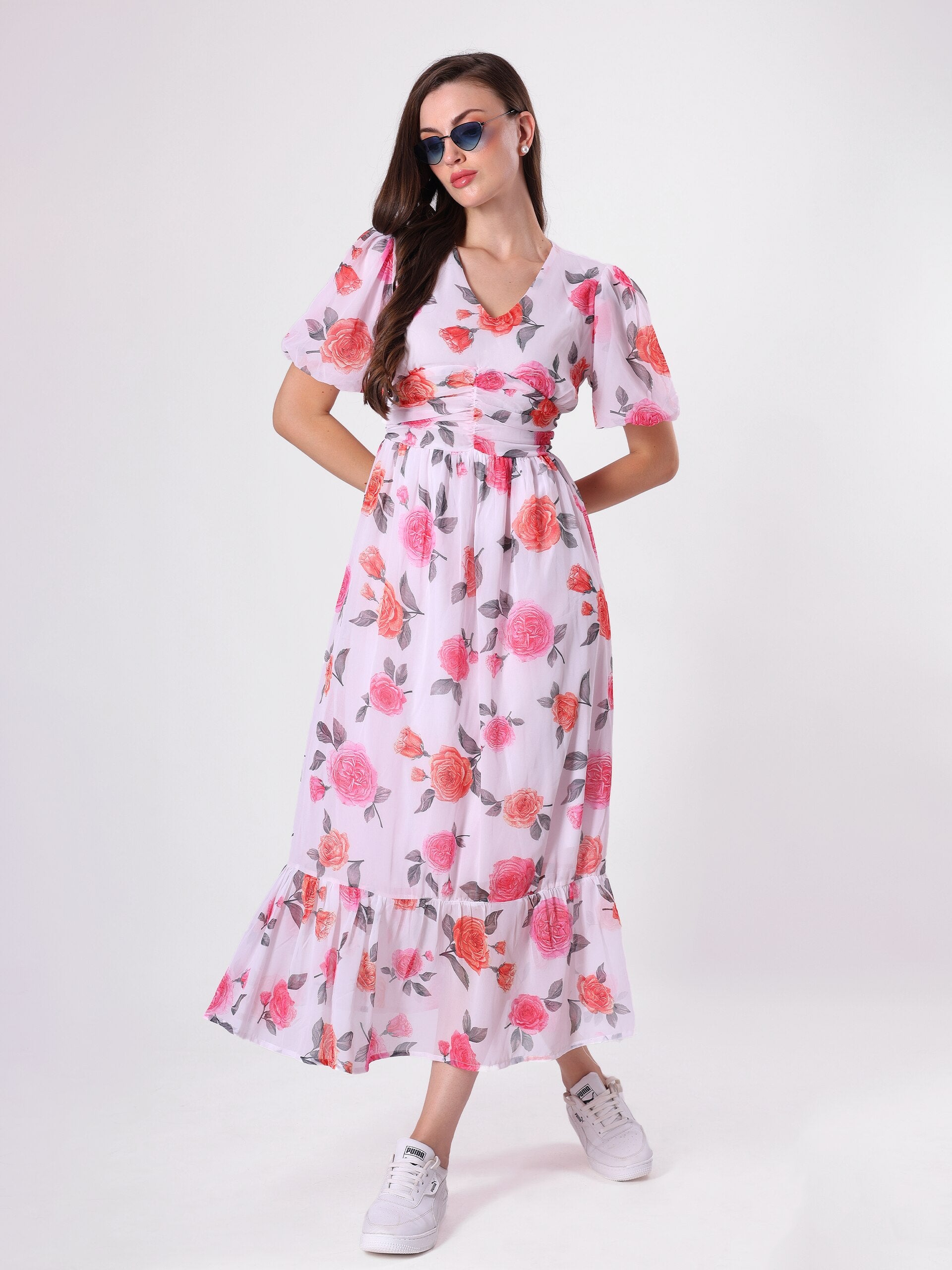 Floral Print V Neck Pleated Midi Dress