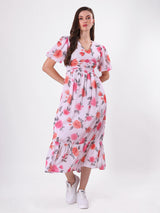Floral Print V Neck Pleated Midi Dress