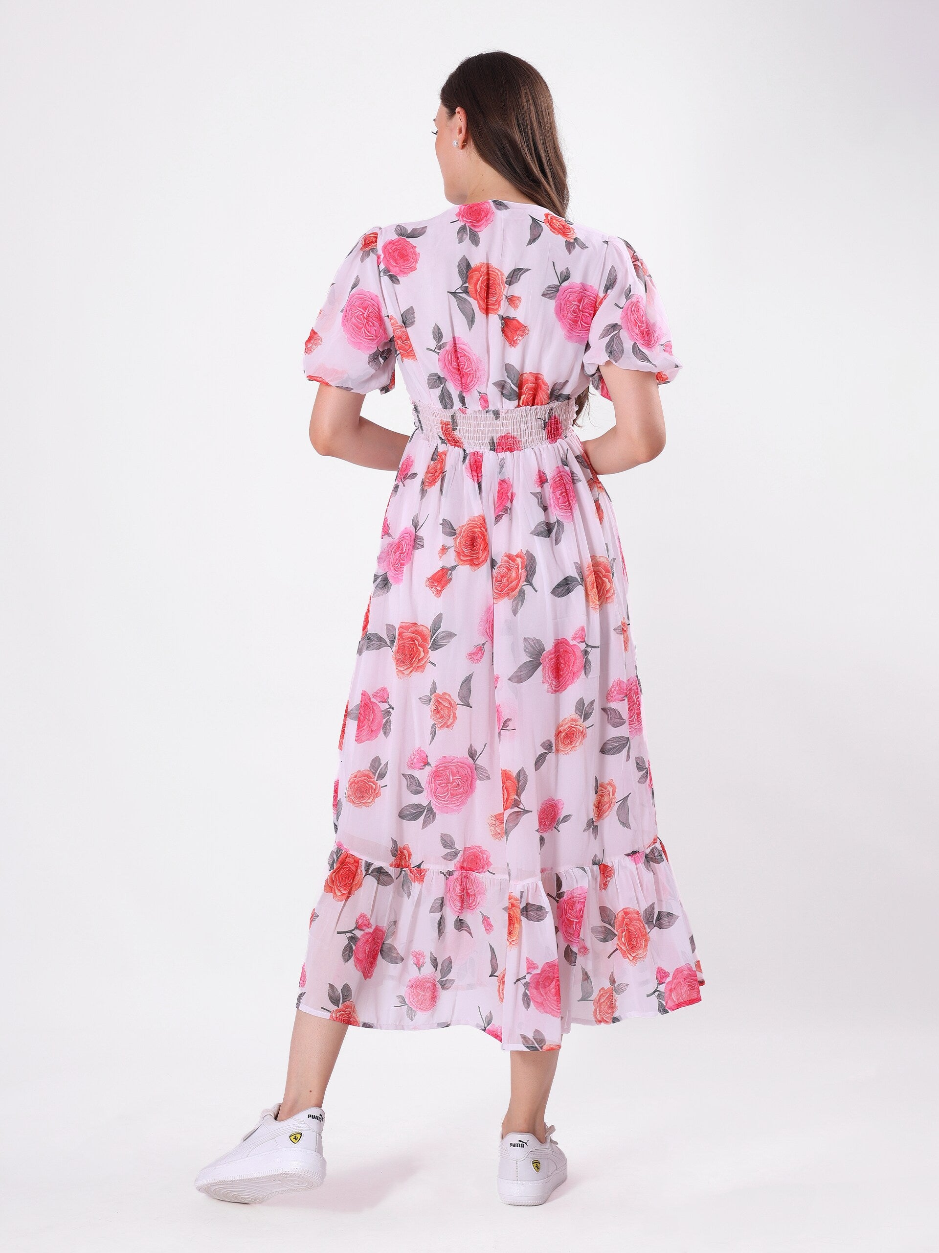 Floral Print V Neck Pleated Midi Dress