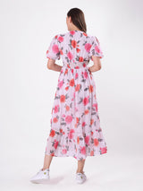 Floral Print V Neck Pleated Midi Dress