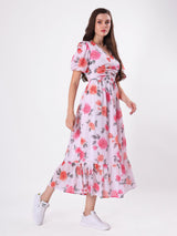 Floral Print V Neck Pleated Midi Dress