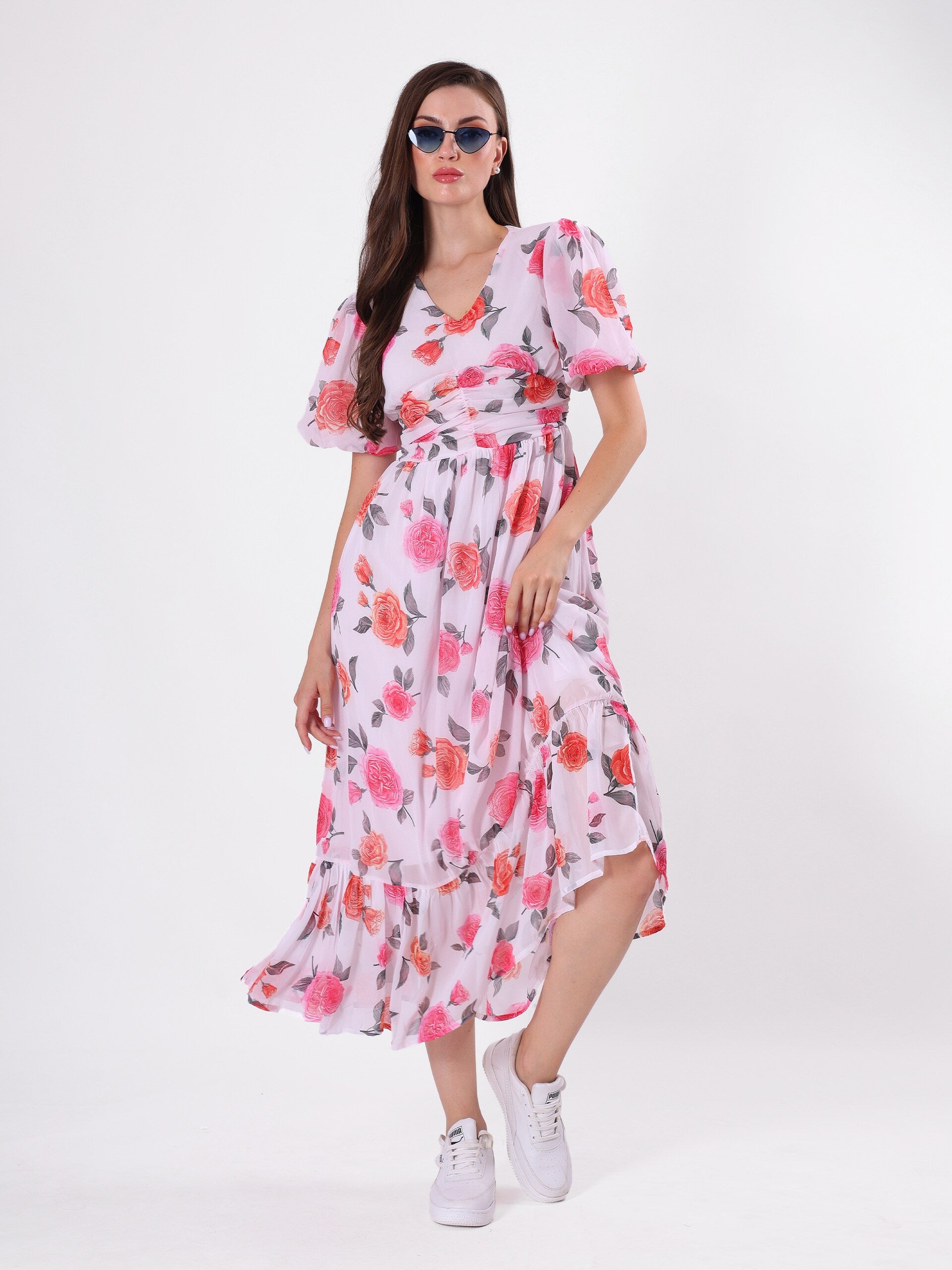 Floral Print V Neck Pleated Midi Dress