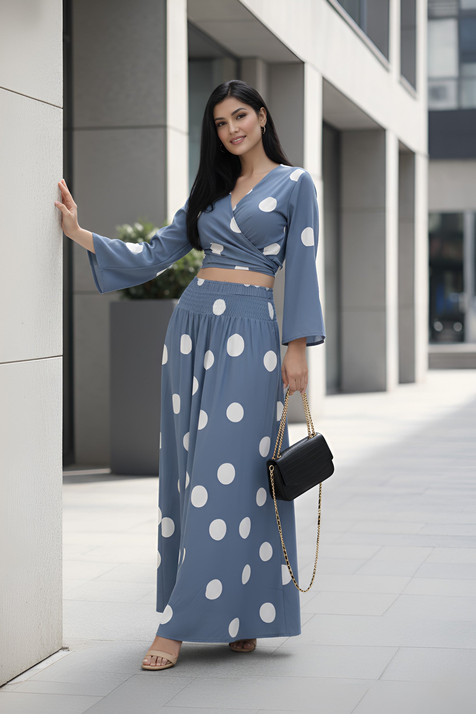 Clobug Women Polka Printed Full Sleeve Crepe Top & Skirt Set