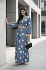 Clobug Women Polka Printed Full Sleeve Crepe Top & Skirt Set