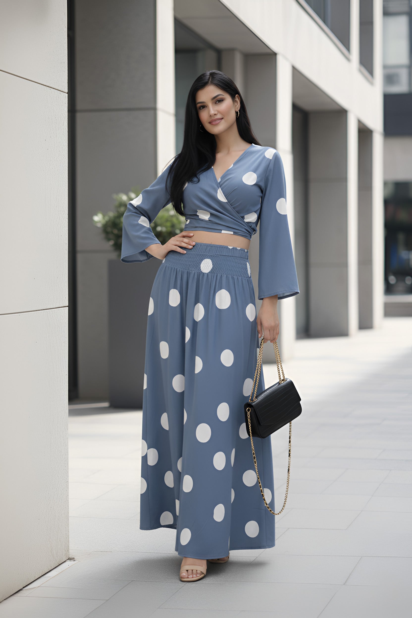 Clobug Women Polka Printed Full Sleeve Crepe Top & Skirt Set