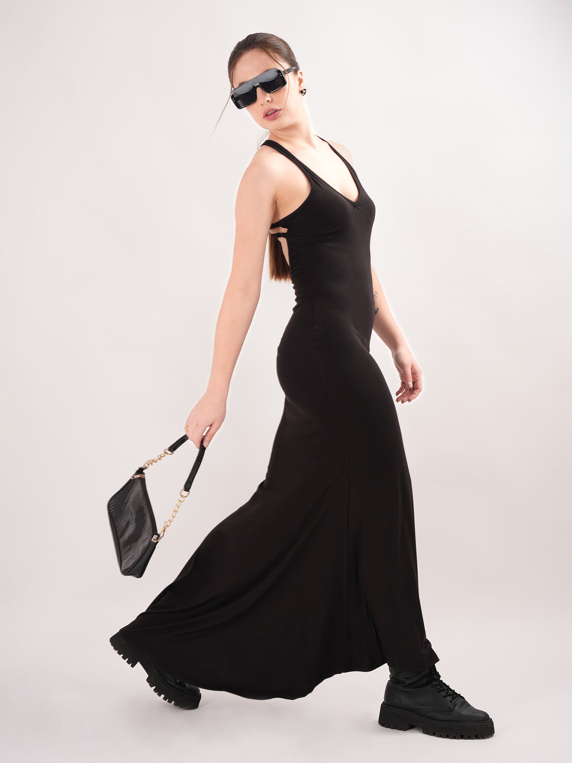 Glamorous Black Fishtail Dress with Open Back – Clobug