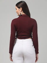 V Neck Full Sleeve Maroon Crop Top