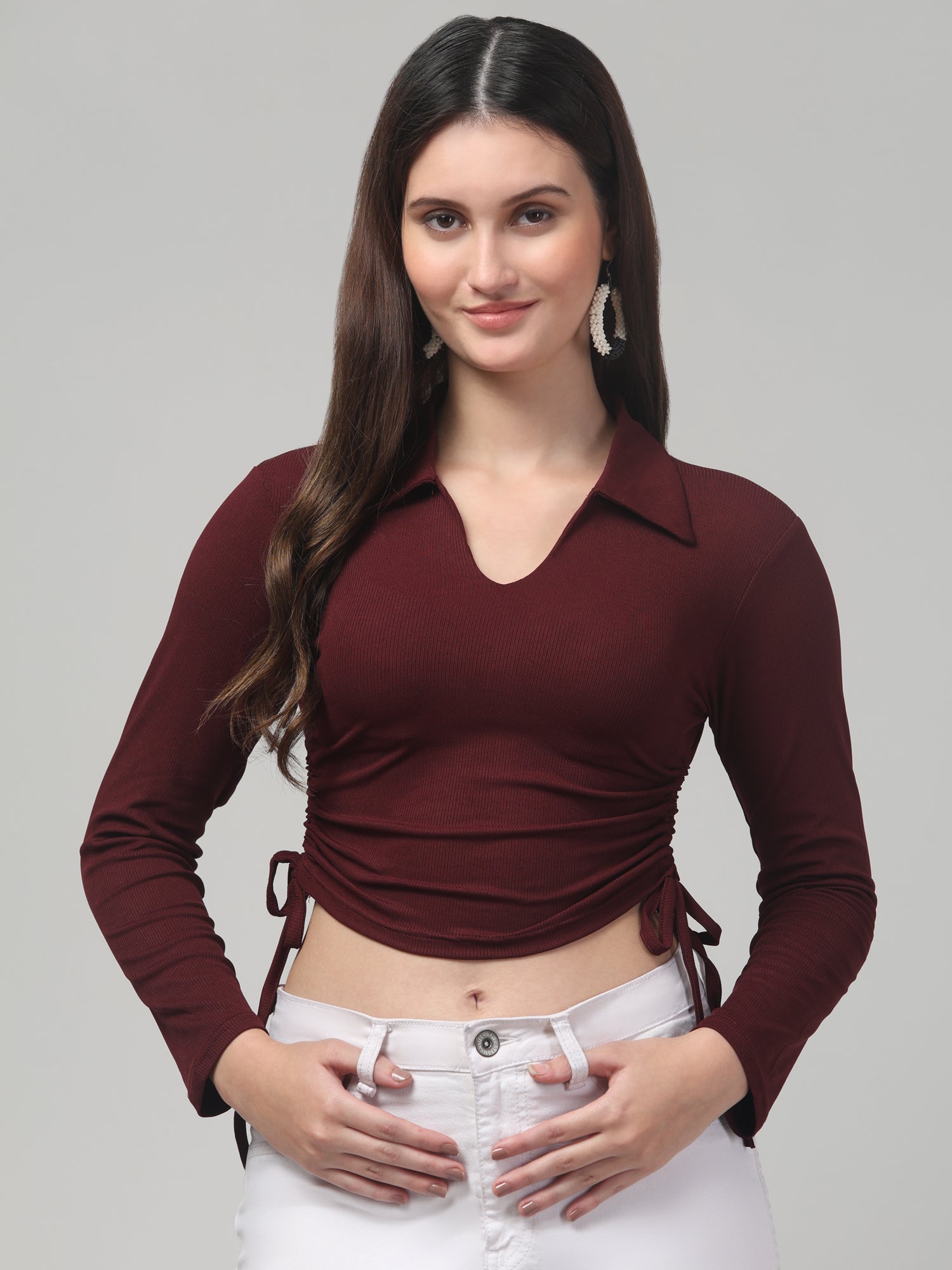 V Neck Full Sleeve Maroon Crop Top