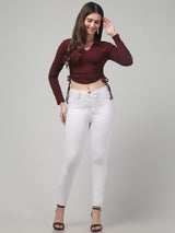 V Neck Full Sleeve Maroon Crop Top