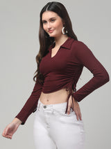 V Neck Full Sleeve Maroon Crop Top