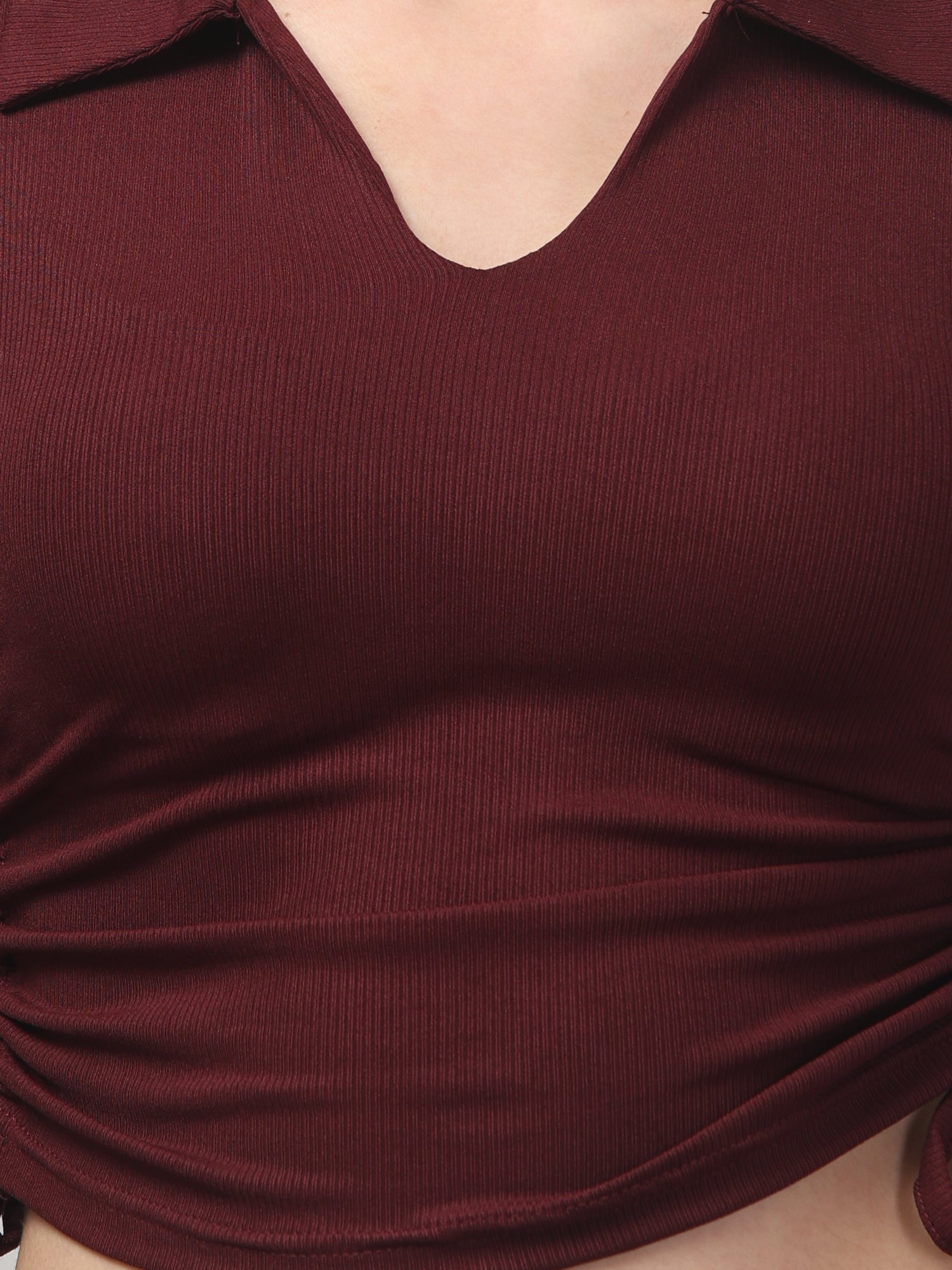 V Neck Full Sleeve Maroon Crop Top