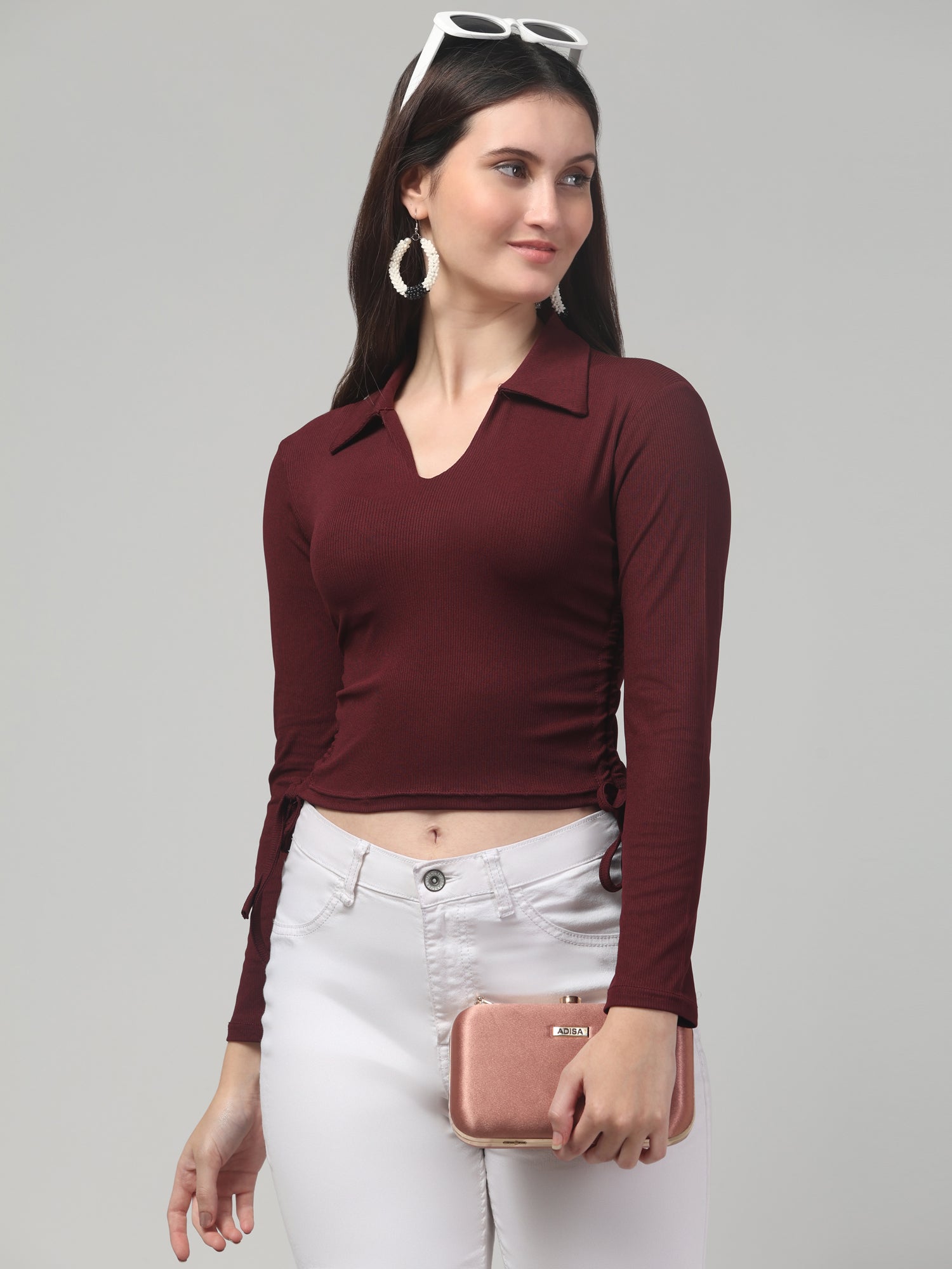 V Neck Full Sleeve Maroon Crop Top