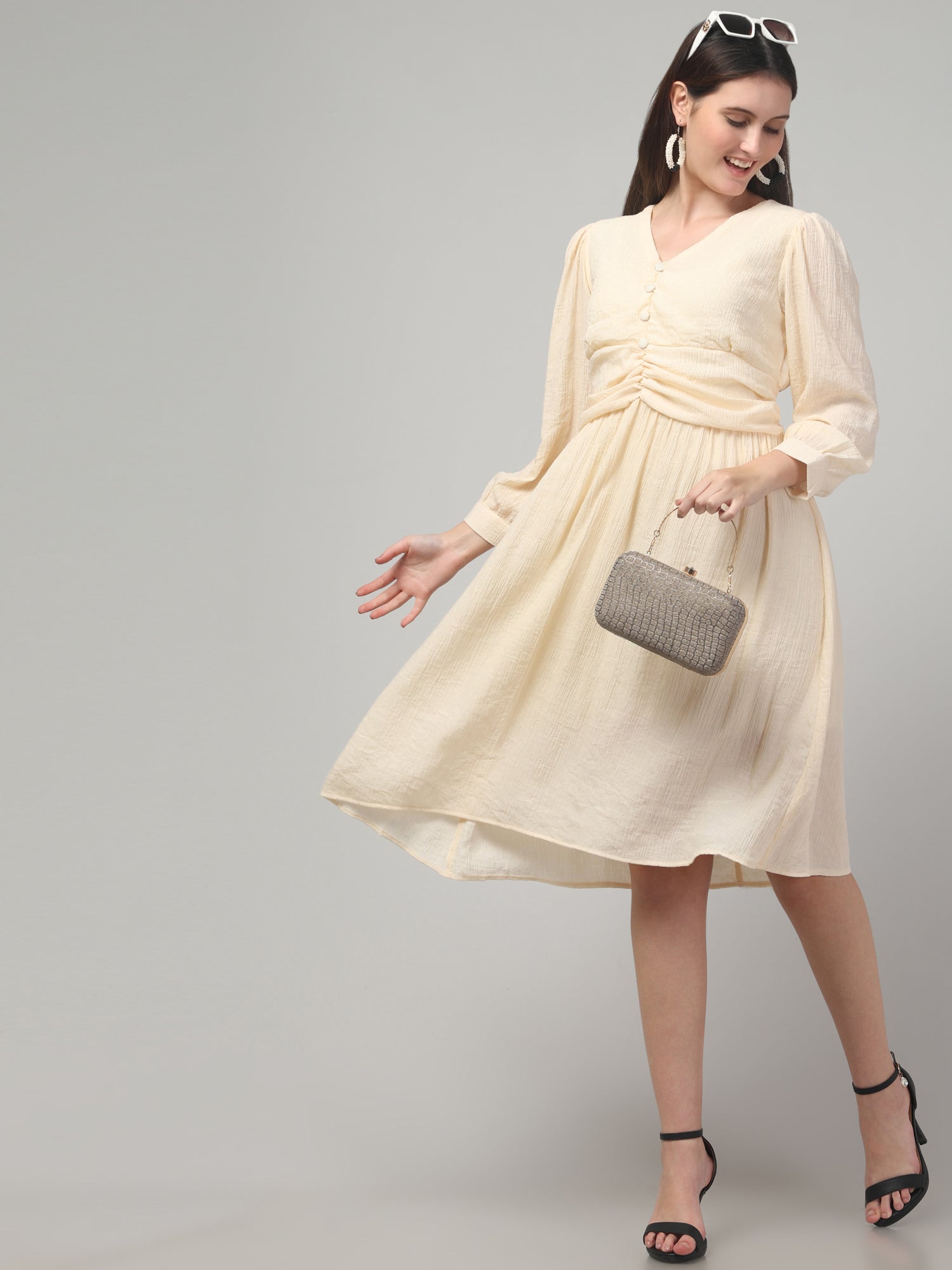 Solid Poet Sleeve Midi Dress