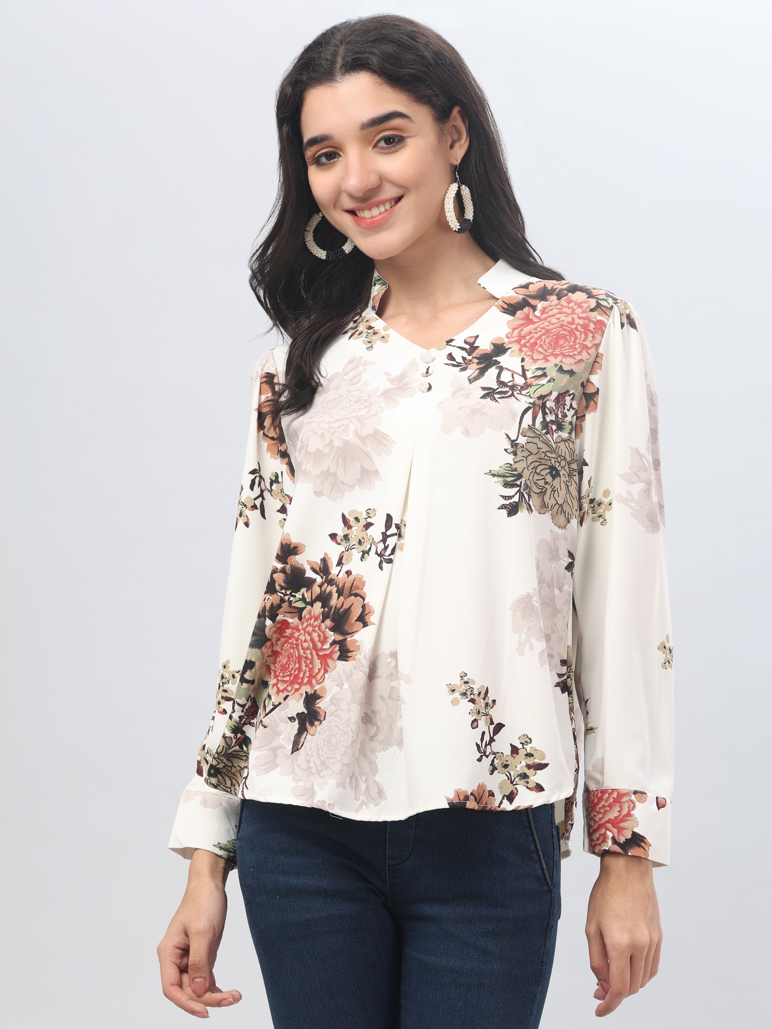 Floral Mandarin Collar Neck Top