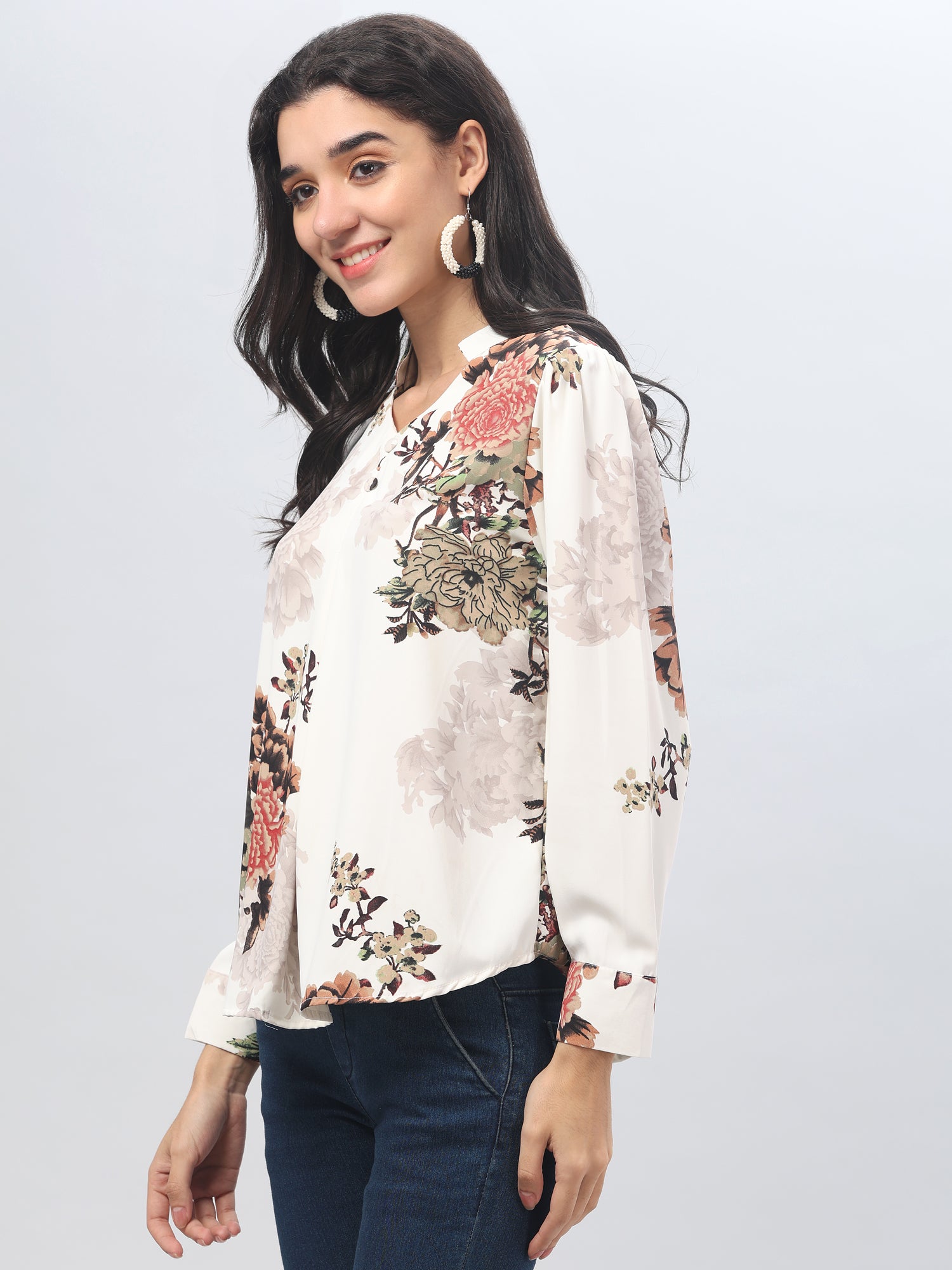 Floral Mandarin Collar Neck Top