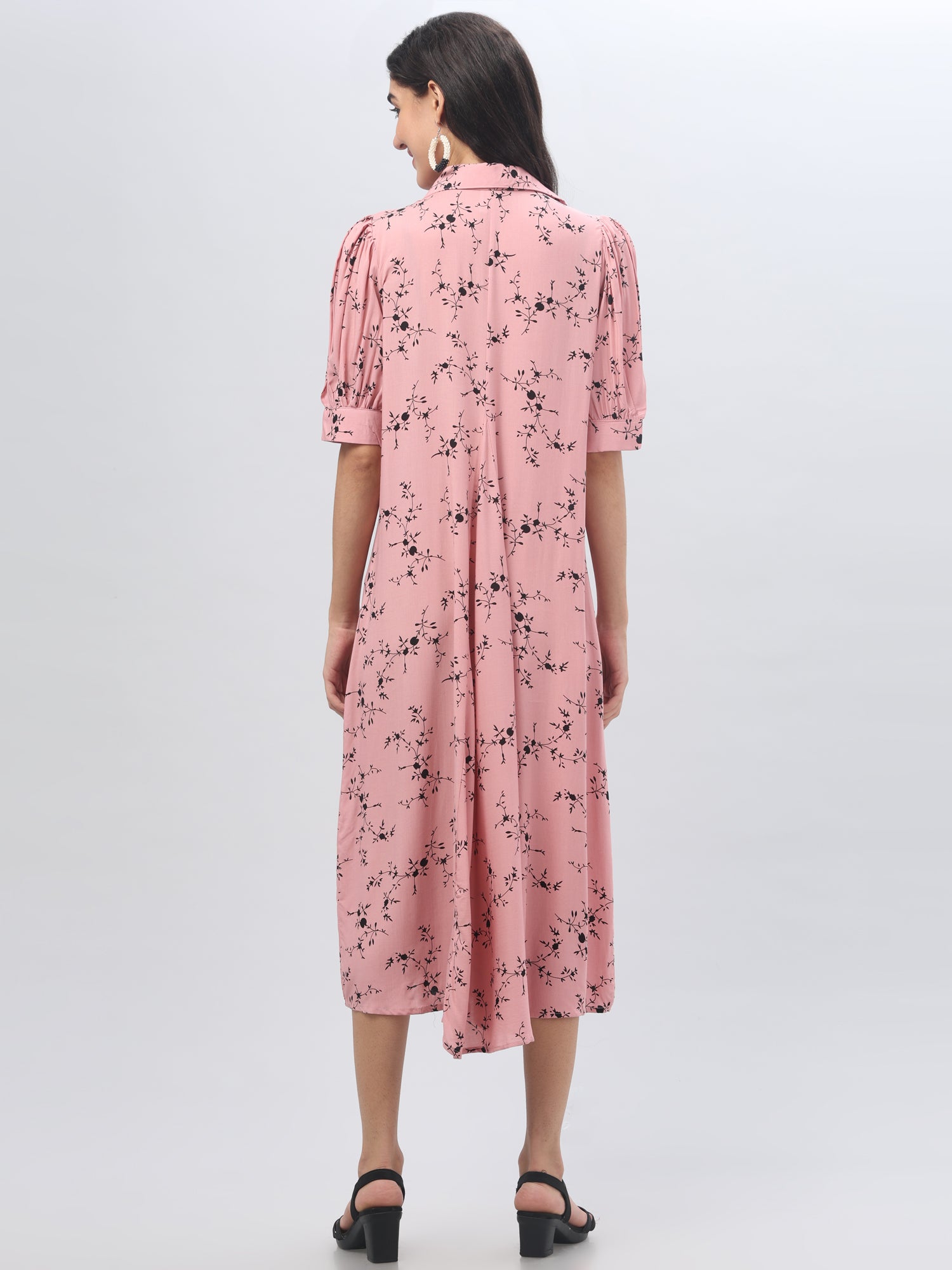Pink Mandrin Collar Midi Dress