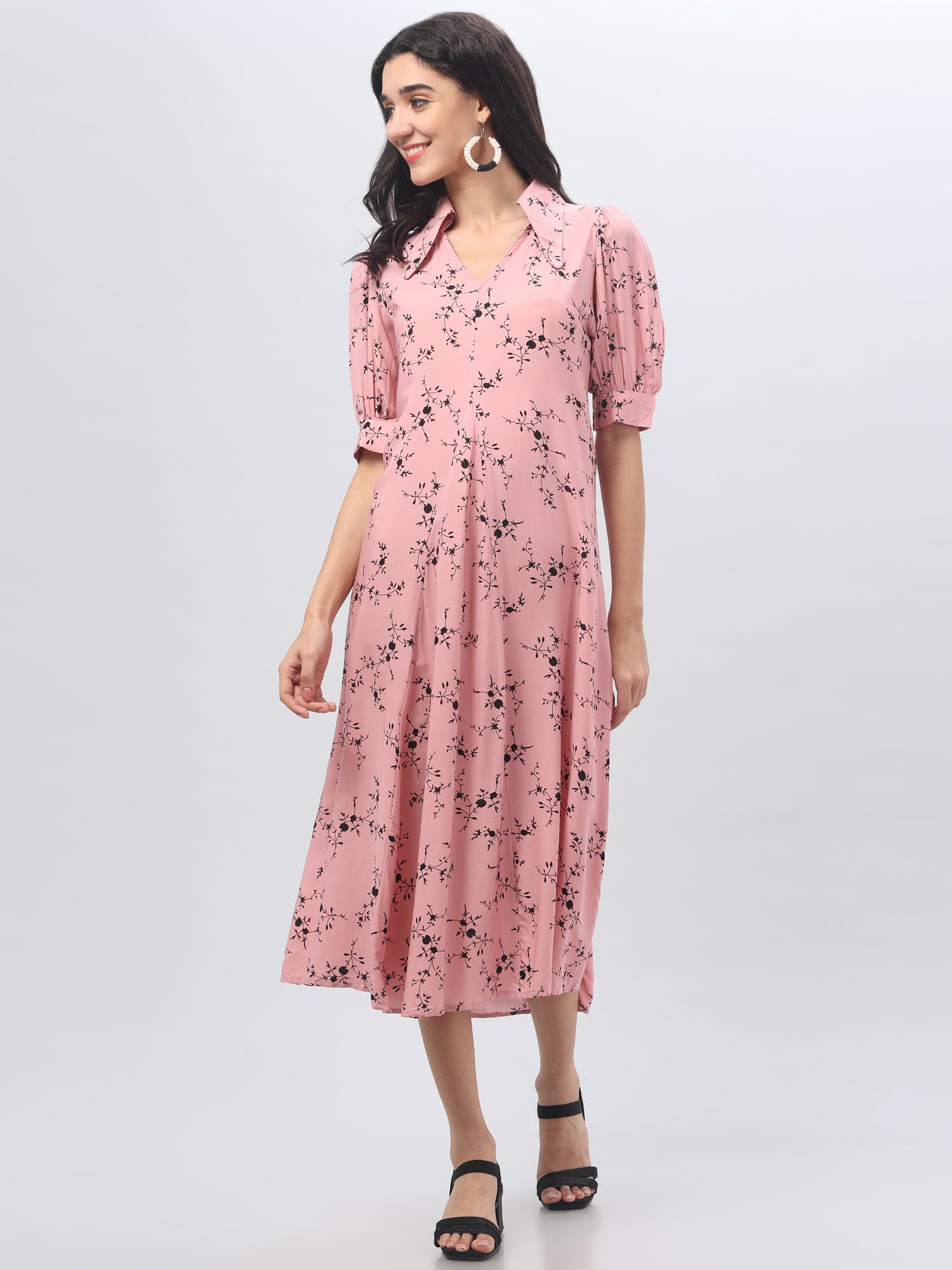 Pink Mandrin Collar Midi Dress