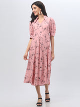 Pink Mandrin Collar Midi Dress