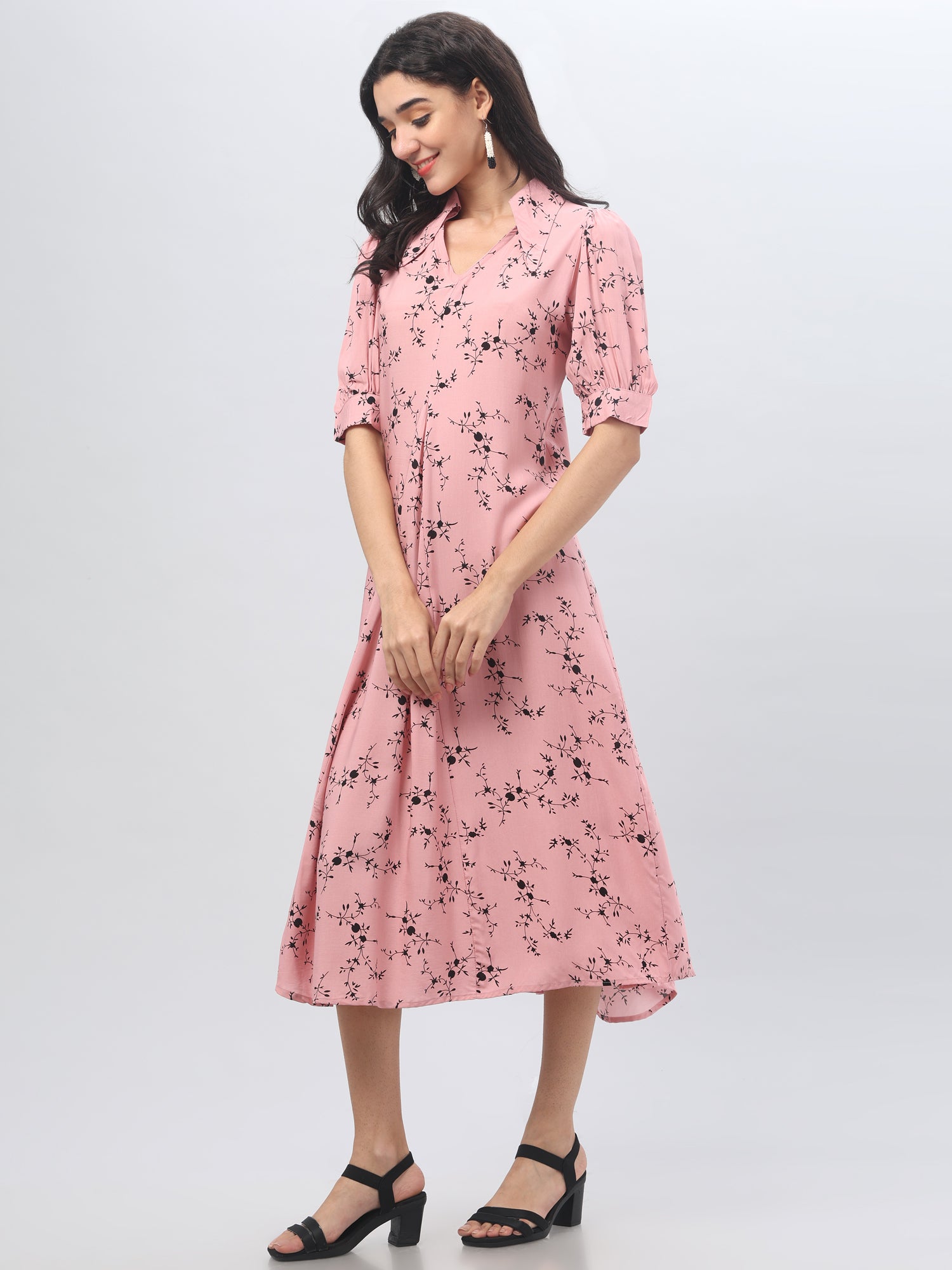 Pink Mandrin Collar Midi Dress