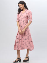 Pink Mandrin Collar Midi Dress
