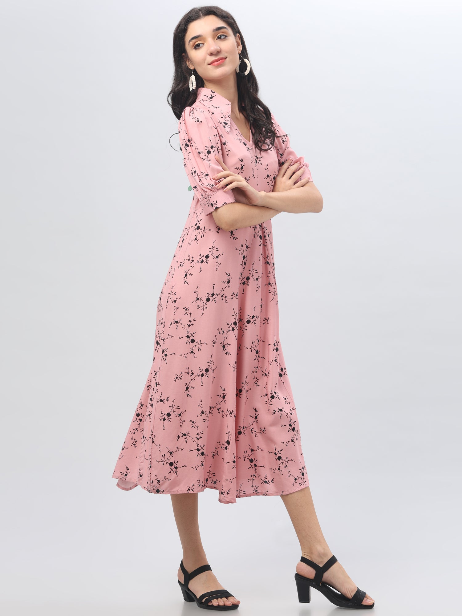 Pink Mandrin Collar Midi Dress