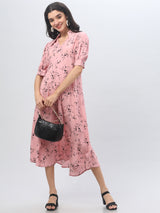Pink Mandrin Collar Midi Dress