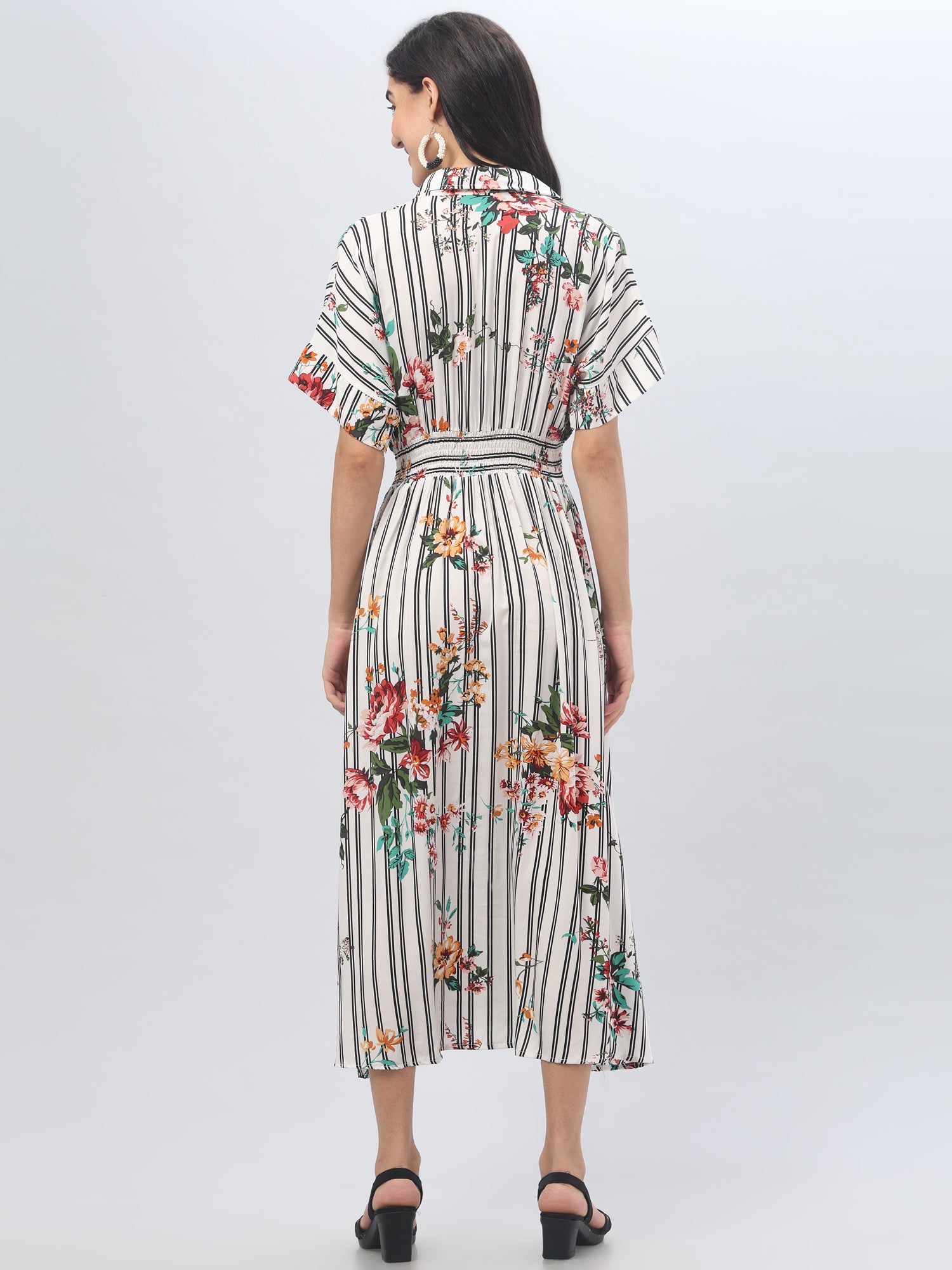 Shirt Collar Striped Half Sleeve Midi Dress
