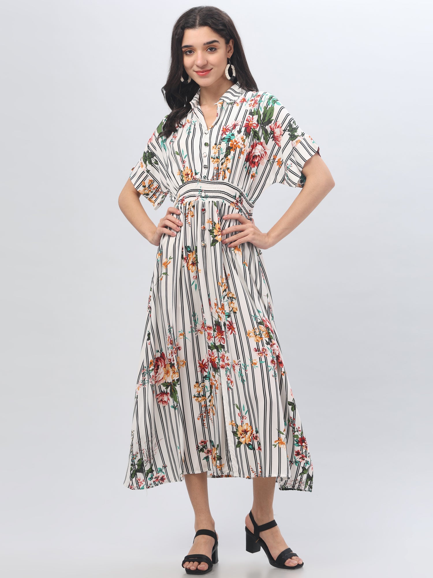 Shirt Collar Striped Half Sleeve Midi Dress