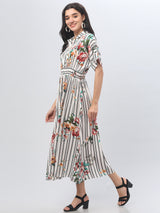 Shirt Collar Striped Half Sleeve Midi Dress