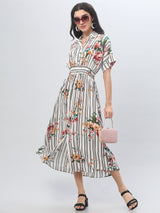 Shirt Collar Striped Half Sleeve Midi Dress
