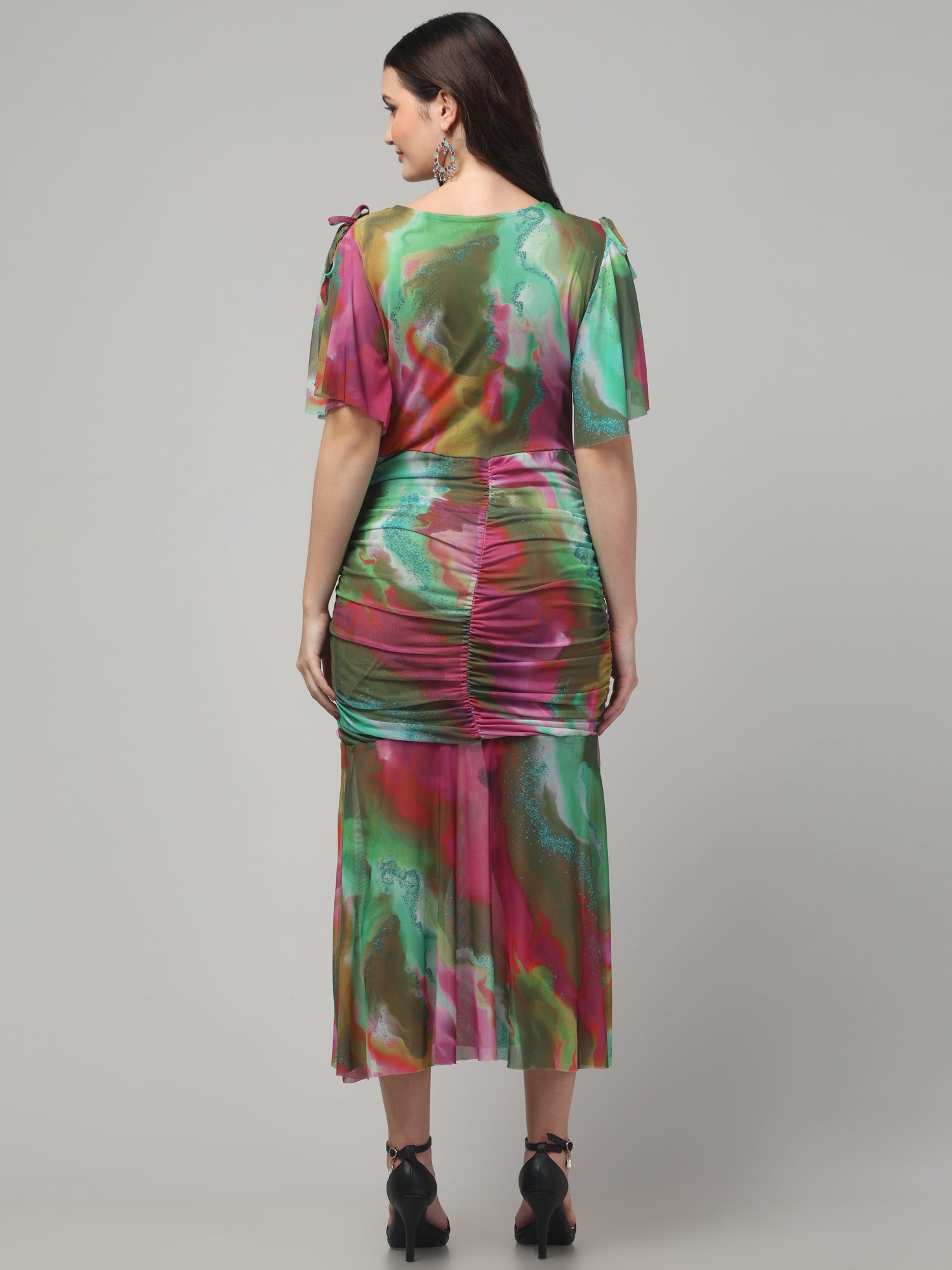 Butterfly Sleeve Multicolor Midi Dress
