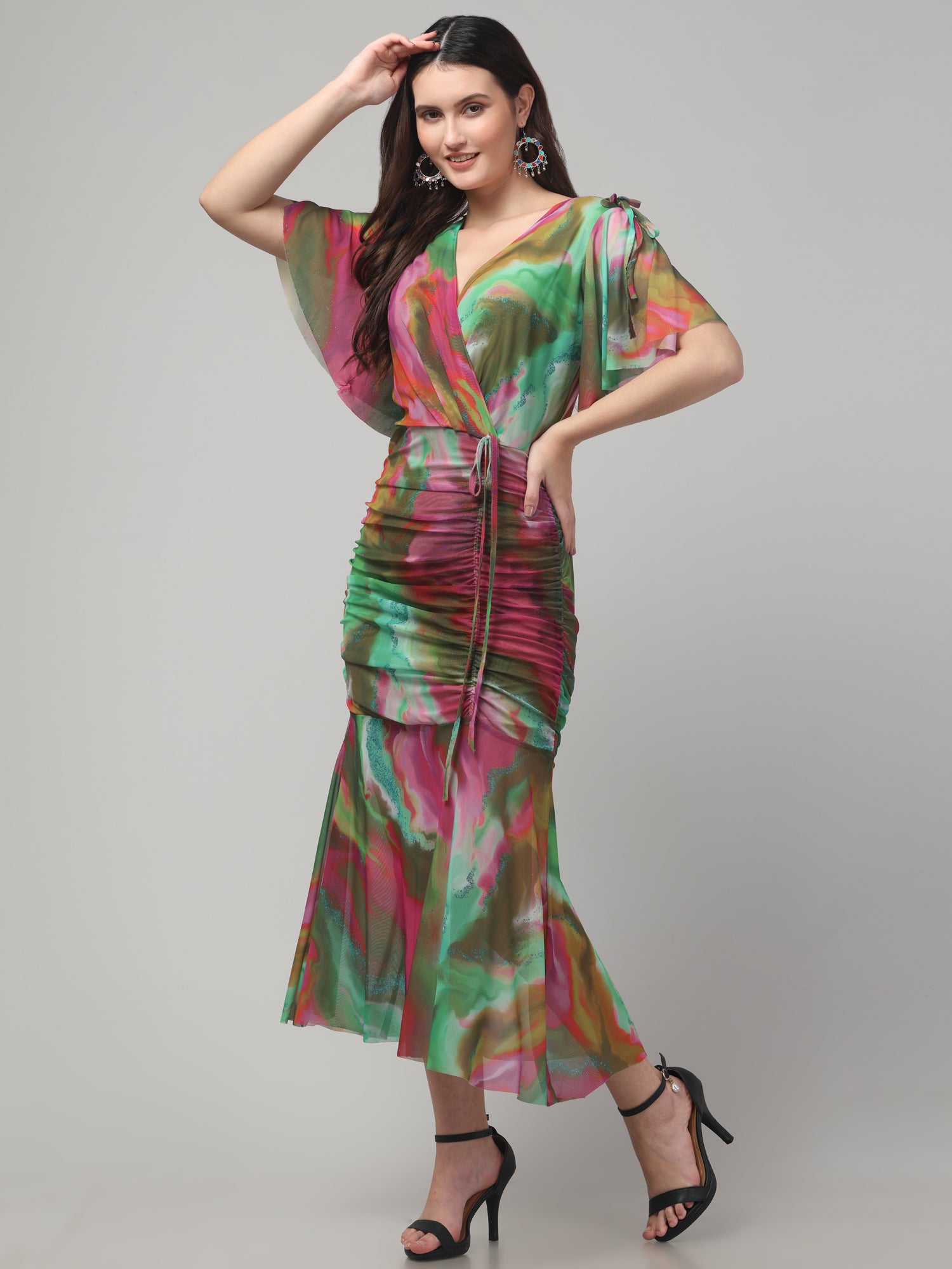 Butterfly Sleeve Multicolor Midi Dress