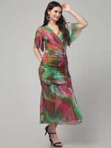 Butterfly Sleeve Multicolor Midi Dress