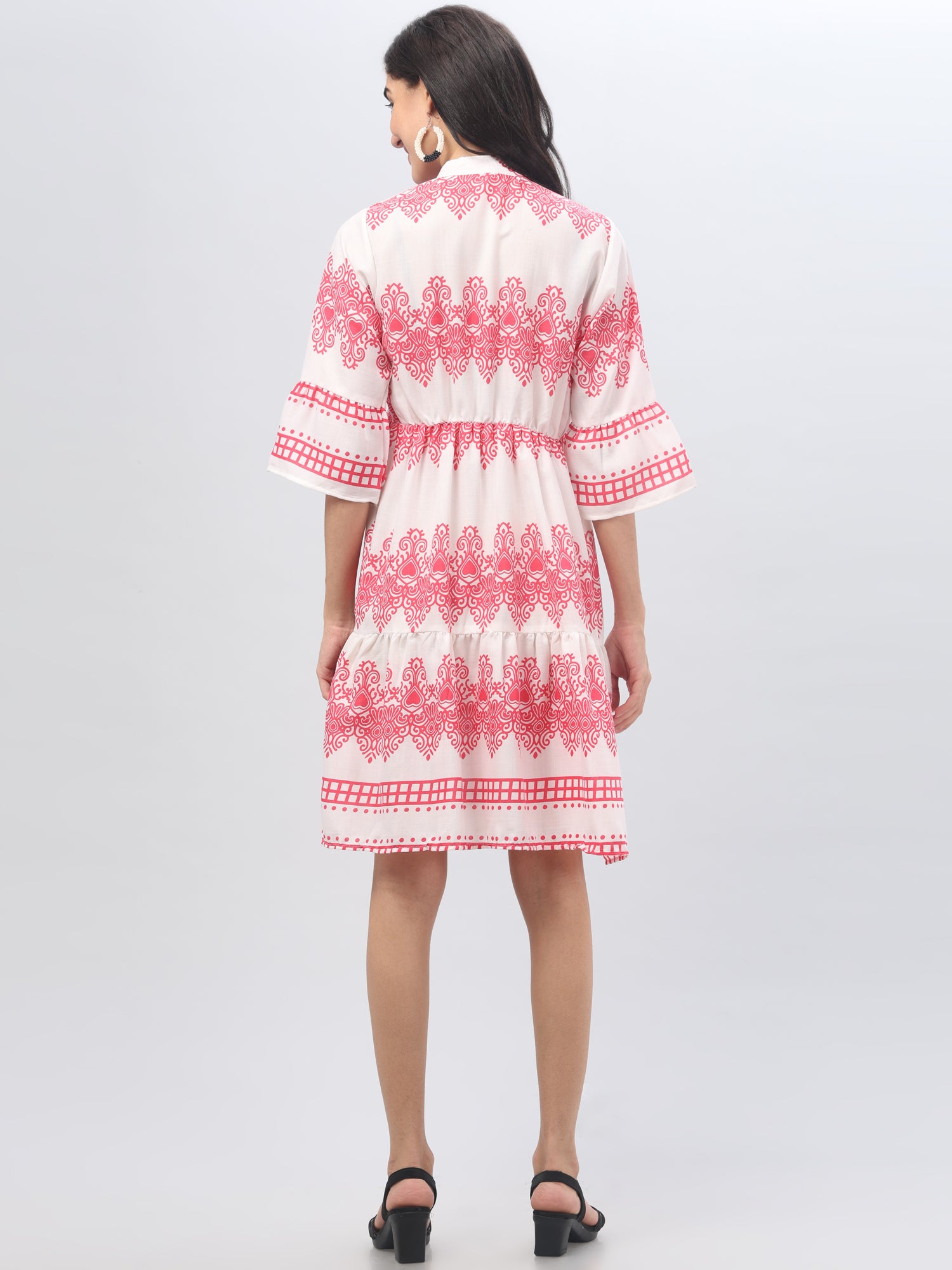 Bell Sleeve Printed Pink Midi Dress