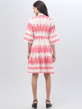 Bell Sleeve Printed Pink Midi Dress