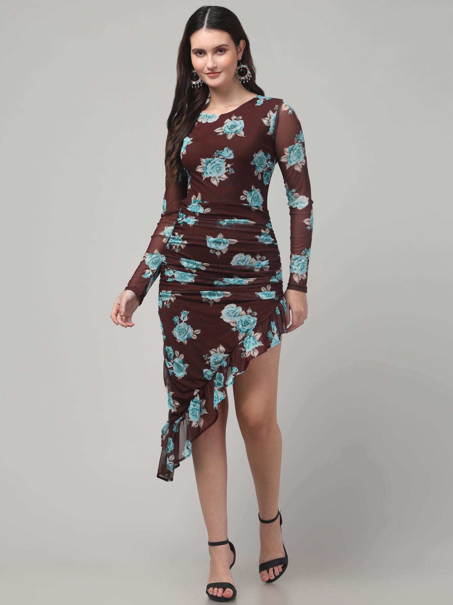 Brown Bodycon Printed Midi Dress