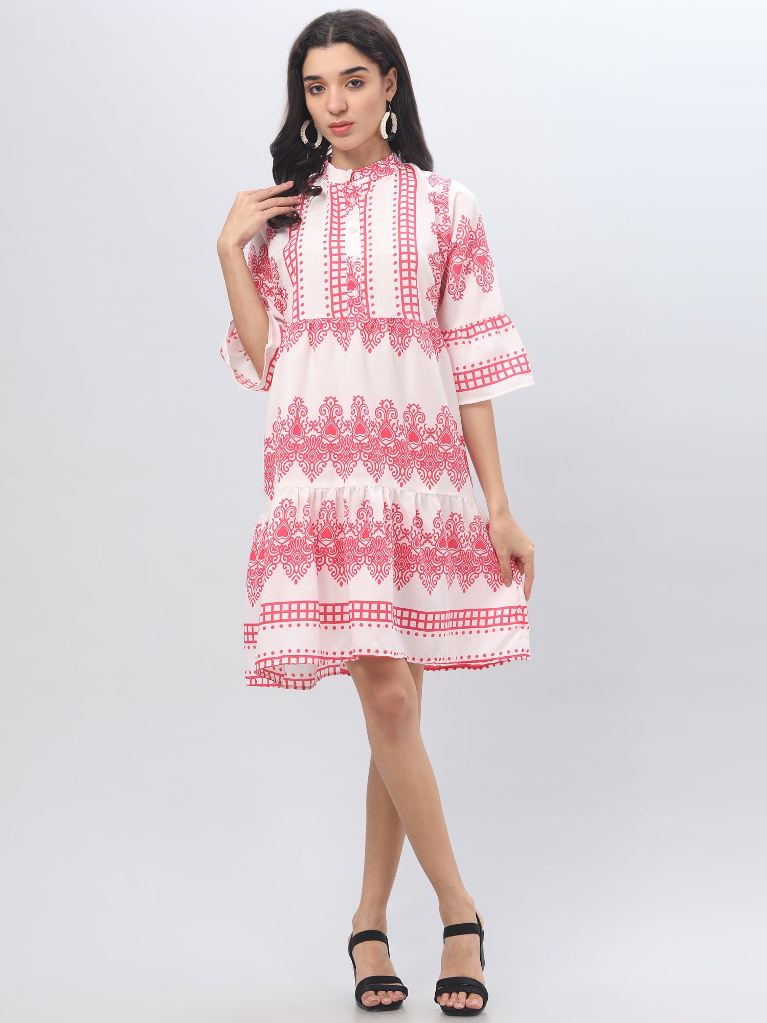 Bell Sleeve Printed Pink Midi Dress
