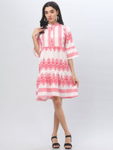 Bell Sleeve Printed Pink Midi Dress