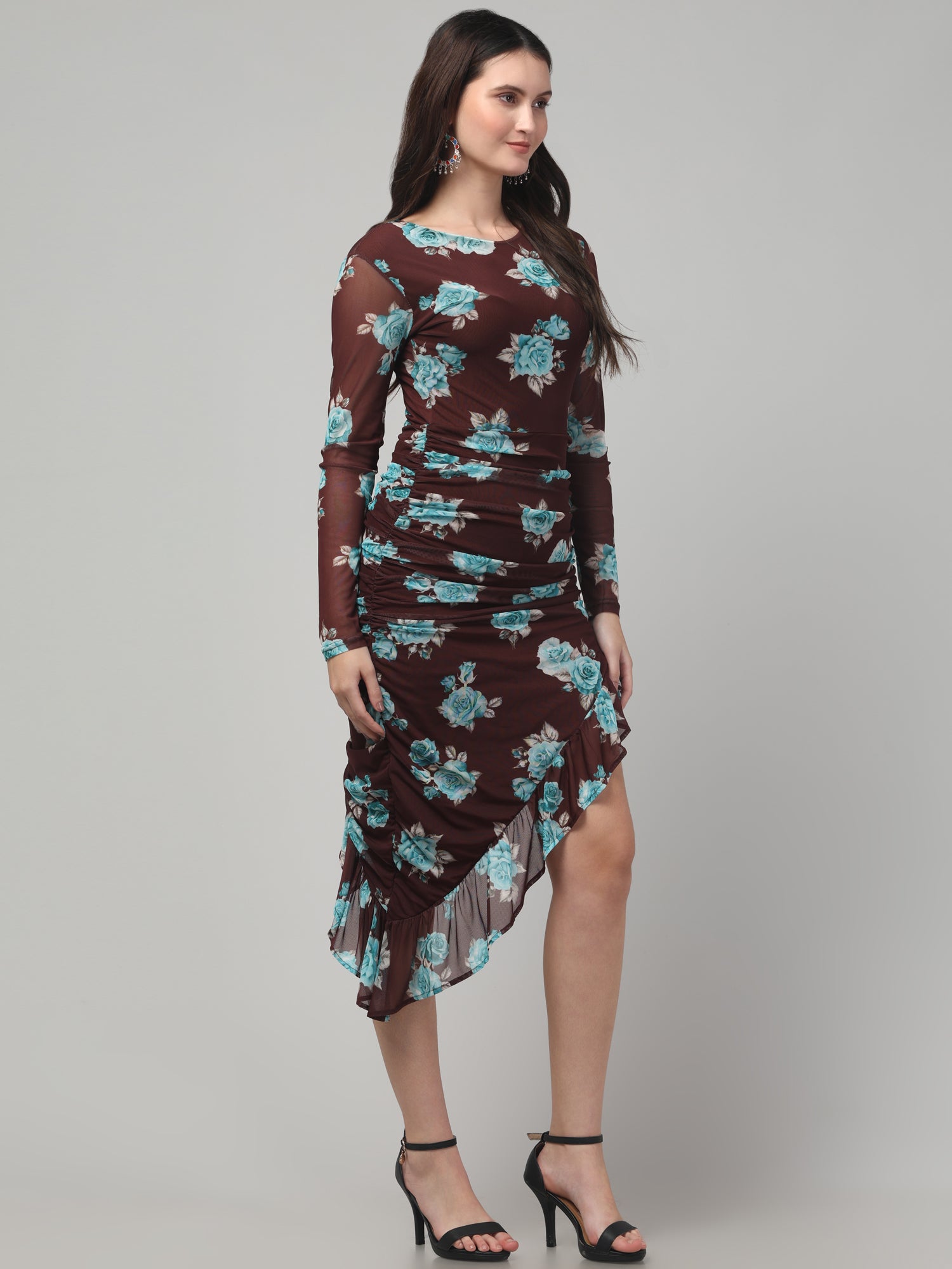 Brown Bodycon Printed Midi Dress