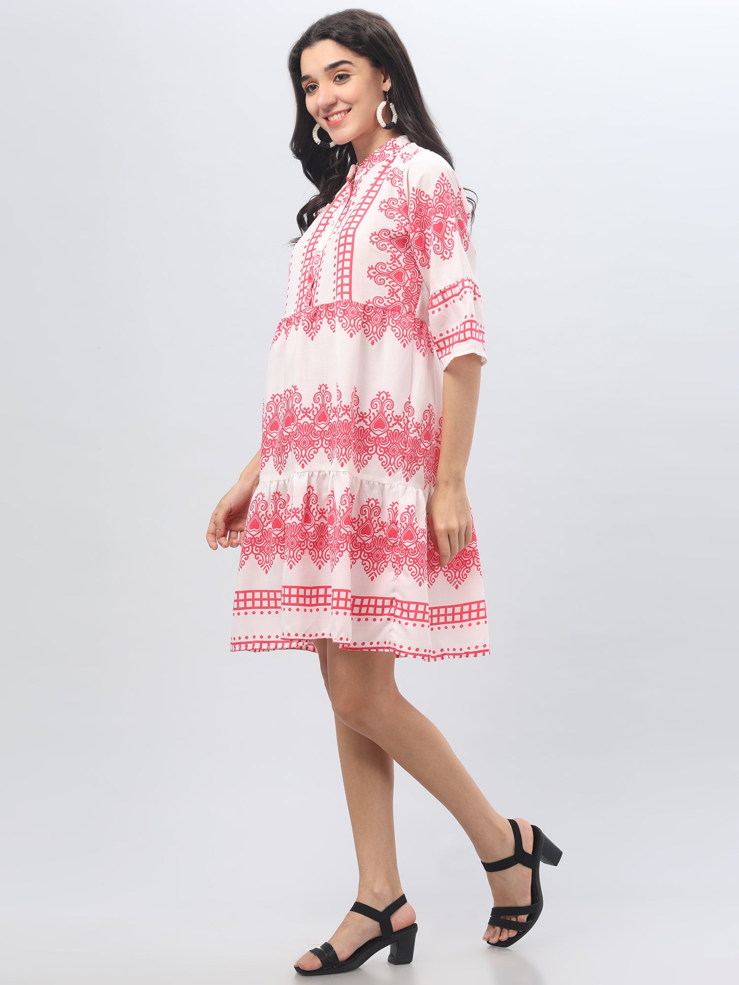Bell Sleeve Printed Pink Midi Dress