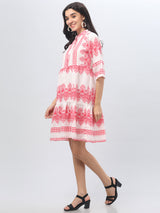 Bell Sleeve Printed Pink Midi Dress