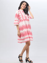 Bell Sleeve Printed Pink Midi Dress