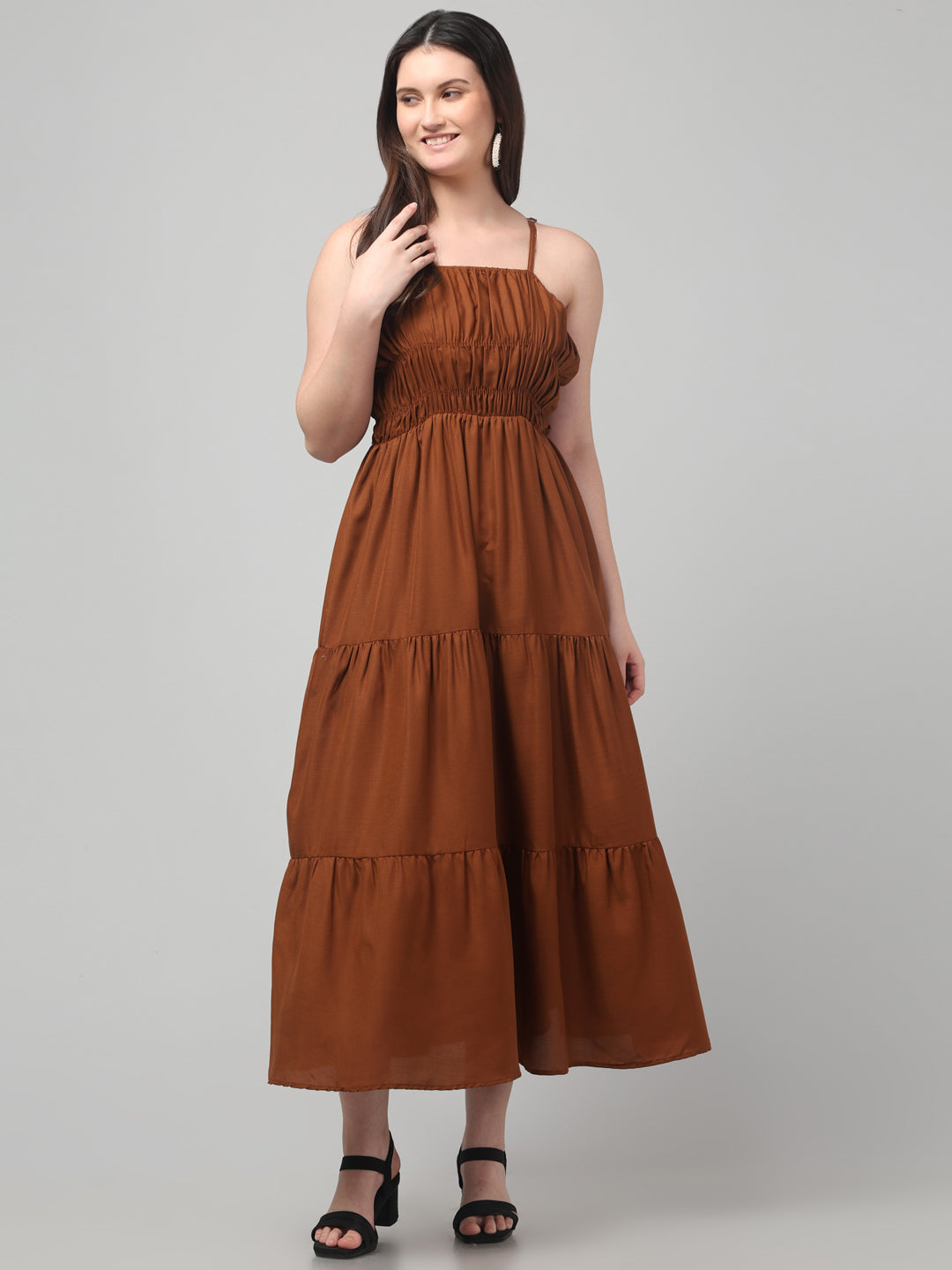 Brown Flared Shoulder Strap Maxi Dress