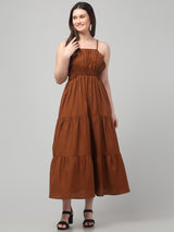 Brown Flared Shoulder Strap Maxi Dress