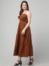 Brown Flared Shoulder Strap Maxi Dress